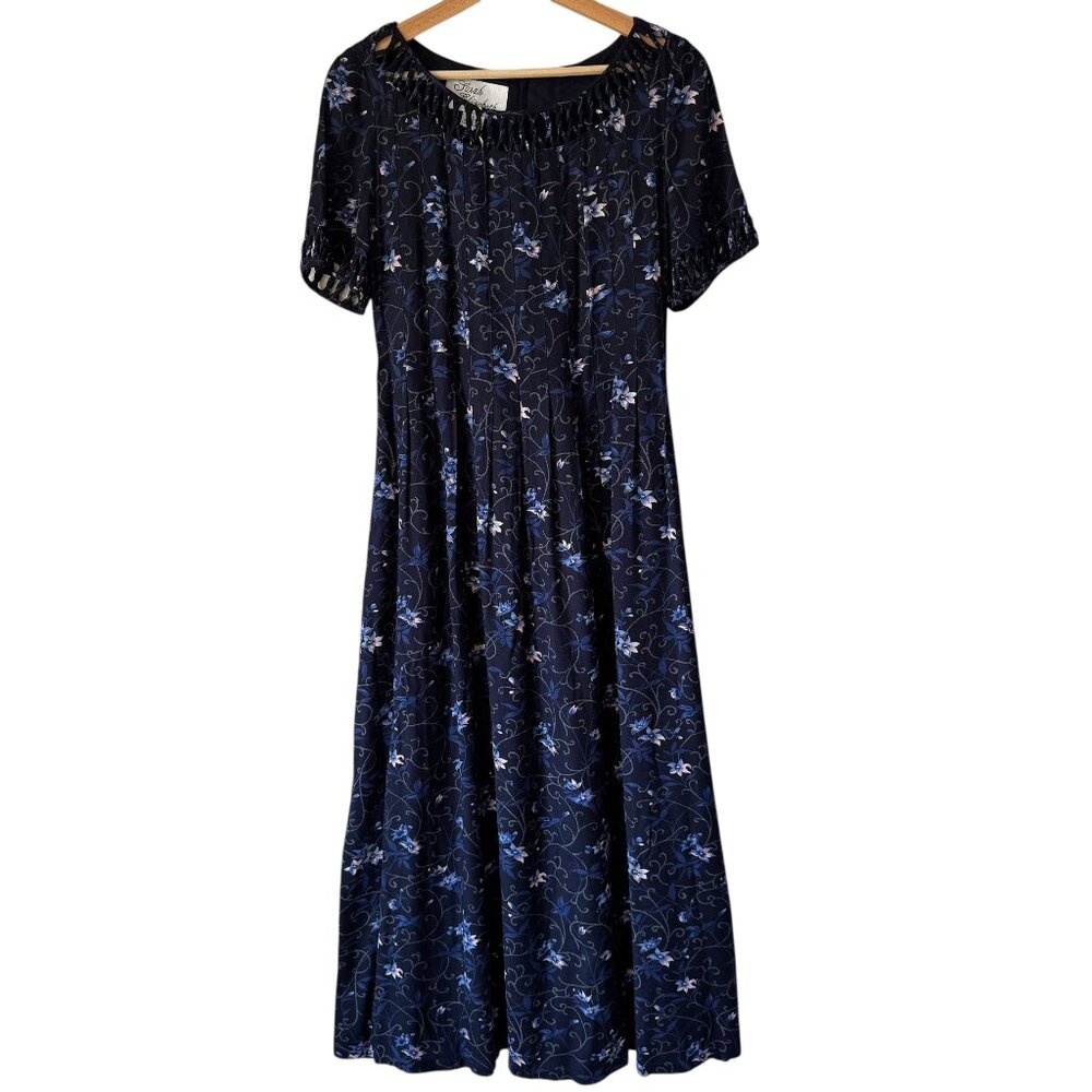 Vintage Sarah Elizabeth Dress 6 Maxi Floral Open Work Detail Waist Tie Cottage